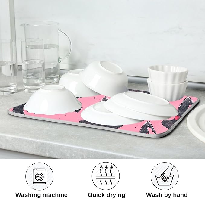 Witch Bow Hot Pink Dish Drying Mat for Kitchen Countertop 16x18 Halloween Bowknot Bat Small Drying Mat Reusable Quick Dry Dish Sink Mats Easy Clean Decorative Essentials