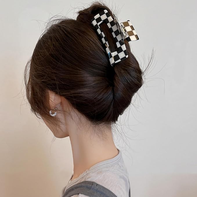 3 Pack Checkered Hair Claw Clips, Large Checker Hair Catch Barrettes 4inch Hair Clamps Cute Hair Claw Hair Clips Hair Accessories for Thick Thin Hair for Women Ladies