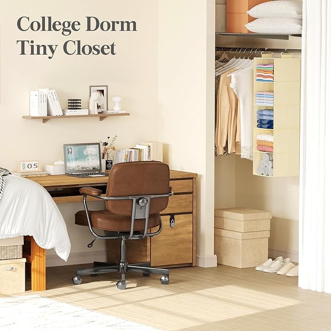 Lifewit 5 Tier Hanging Closet Organizer and Storage for Shelves, Foldable Clothes Storage Shelf with 2 Sturdy Hooks for Clothing Organization, Dorm Room Essentials for Guys, Beige