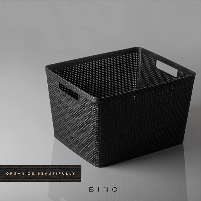 BINO | Woven Plastic Basket | Large (Black), 3-Pack | THE JUTE COLLECTION | Home Organization, Space-Saving Storage, Stylish Design | Jute Basket | Plastic Storage Basket