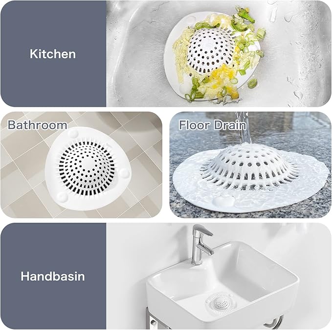 WODETIM Hair Catcher Shower Drain Cover Bathtub Silicone Hair Catcher Stopper Drain Strainers,Home Protectors with Sucker Water Trap Sink Cover for Kitchen Sink Bathroom Tub 3 Pack (White)