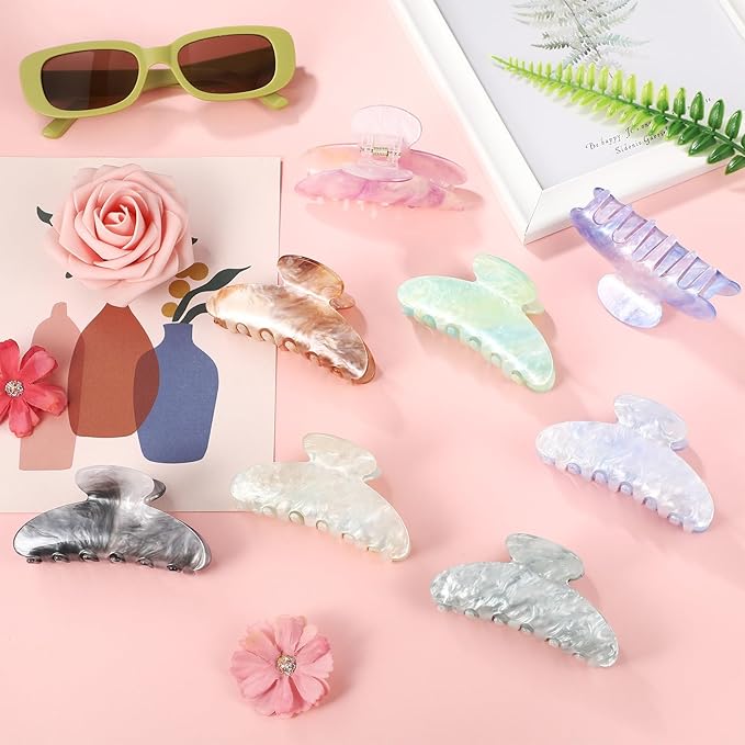 8 Pcs Large Acrylic Hair Claw Clips for Women Non-slip Strong Hold Jaw Clamps for Thick Thin Hair (Marble,Elegant Colors)