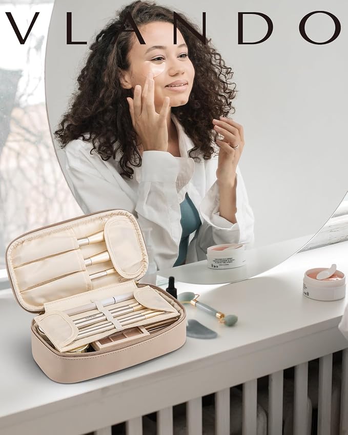 Vlando Travel Makeup Bag,Small Makeup Bag for Women,Gifts for Women Girls, Makeup Pouch Purse Travel Essentials Toiletries-Toffee