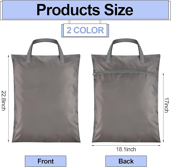 2 Pcs Travel Laundry Bags Waterproof with Handle Dirty Clothes Bag for Traveling Hanging Laundry Hamper with Two Zippered Pockets Washable Reusable for Sports Home Travel College Dorm (Gray)