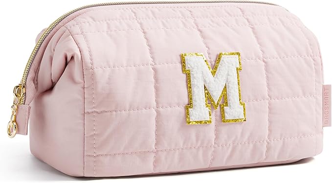 BAGSMART Birthday Gifts Personalized Initial Makeup Bag, Trendy Stuff Gifts for Women Bridesmaid Graduation, Puffy Padded Make Up Bags for Women, Wide-open Toiletry Bag, Pink M