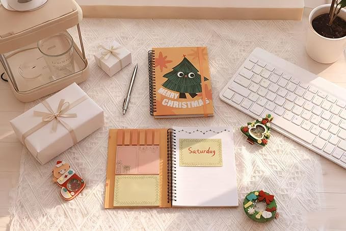A5 Spiral Sticky Notebook,with 9 pads of decorated sticky notes and a handy notebook,Chrismas Note Pads Teacher Appreciation Gift XMS Gift Writing Memo Pads School Office Supplies and Daily Life Organization (Cedar)
