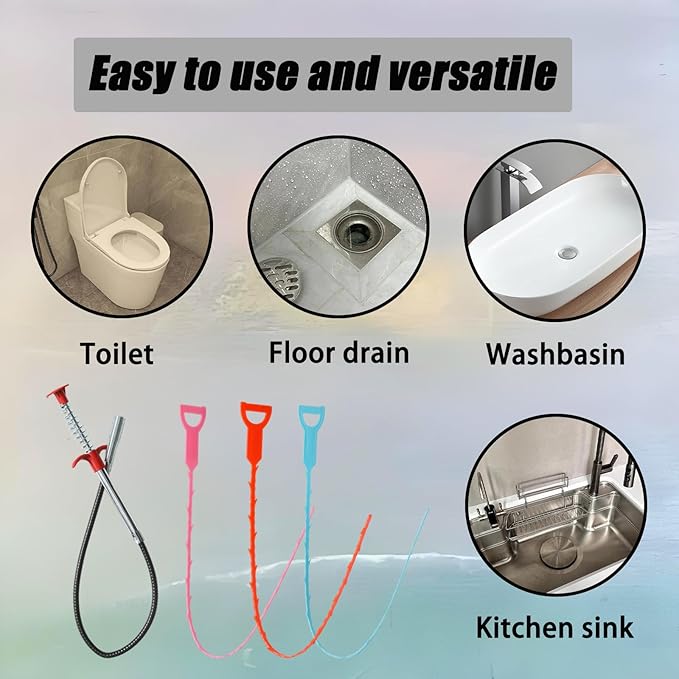 3Pcs Drain Clog Remover (Orange/Blue/Pink) and 1Pcs Four Claws Hair Catcher Drain Snake Cleaner Tool, Effective Hair Clog Remover for Toilet/Kitchen Sink/Bathroom Tub
