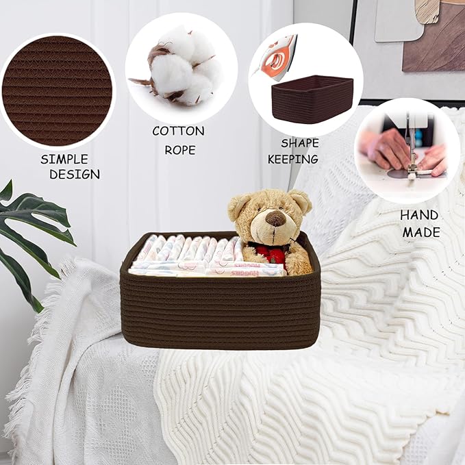 COMFY-HOMI 11.5"x7.5"x4.7" Storage Baskets for Organizing | Cotton Rope Woven Basket | Toy Storage Bin Box | Basket for Shelves, Closet Organizer Bin, Decorative Closet Shelf, 3 Pack, dark brown