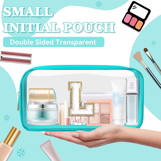 Small Clear Personalized Initial Makeup Bag,Nylon Preppy A-Z Chenille Letter Patch Cosmetic Pouch Beach Toiletry Bag,Waterproof Zipper Travel Purse Storage Bag Organizer for Women Girls(Cyan-White L)
