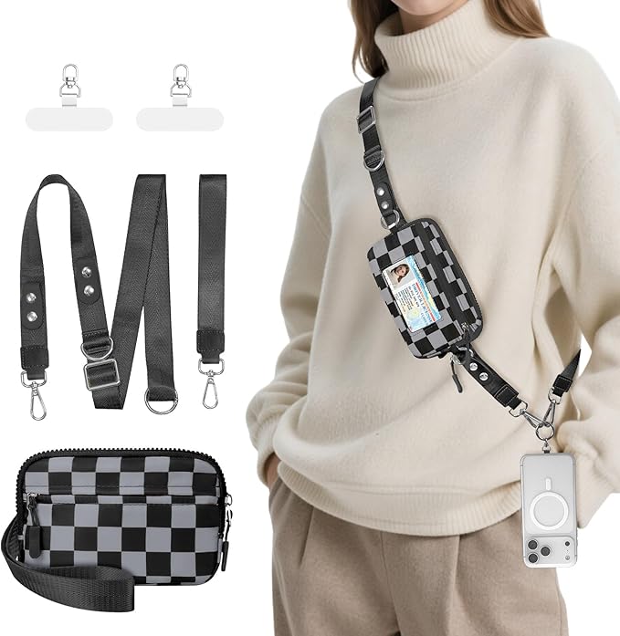 Clip and Go Strap for Phone with Wallet Crossbody Phone Lanyard and Detachable Checkered Bag with ID Window and RFID Pouch for Daily Travel.