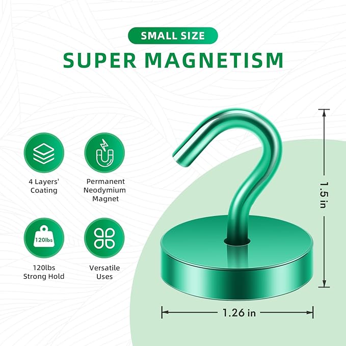 Neosmuk Magnetic Hooks, Cruise Ship Essentials, 120lb+ Heavy Duty Magnetic Hooks for Cruise Cabins, Refrigerator, Grill, Hanging, and Travel | Extra Strong Must-Haves Magnet Hook,Green