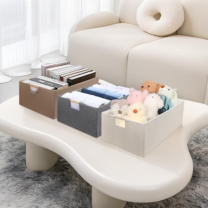 Foldable Fabric Storage Cubes, 2 Packs Cloth Storage Baskets with Wooden Handles, Collapsible Shelf Closet Organizer Bins, Rectangular Storage Boxes for Decor (Coffee Color)
