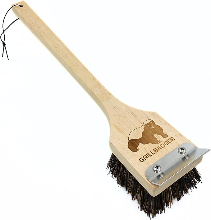 The Original Non Metal Grill Brush for Outdoor Grill | High Temp Heat Resistant BBQ Cleaning Brush | Long Lasting Wooden BBQ Cleaner with Scraper, Safe for Cast Iron Grates - Natural Wood