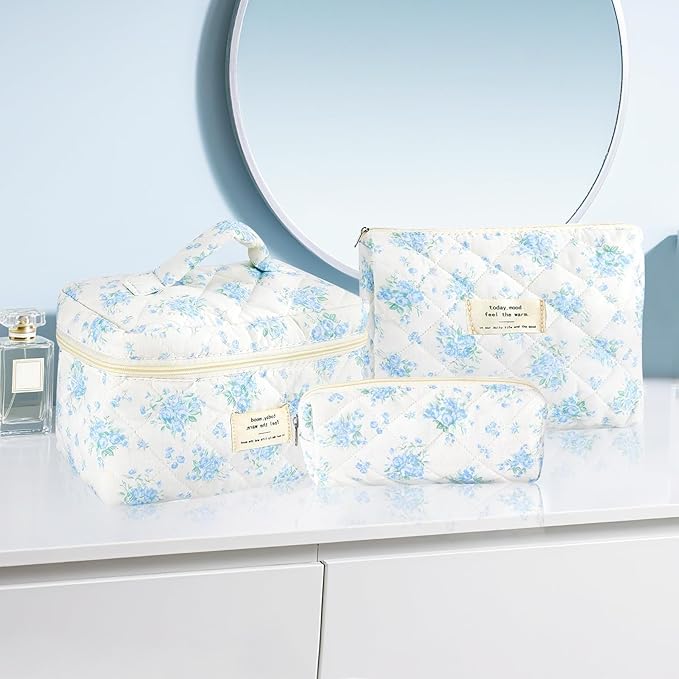 3Pcs Cotton Quilted Makeup Bag for Women Girls, Large Small Travel Floral Cosmetic Bags Set, Cute Coquette Zipper Makeup Pouch for Purse, Aesthetic Cloth Flower Storage Toiletry Bag Organizer