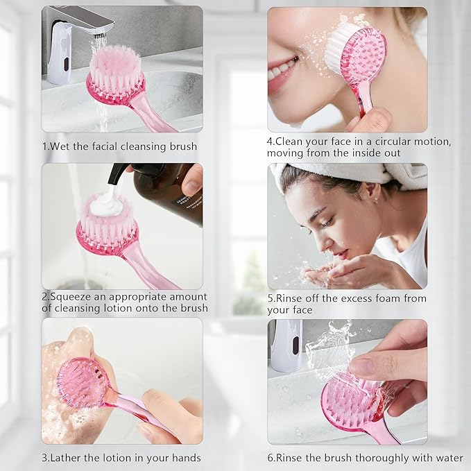 3 Pcs Facial Cleansing Brush, Manual Face Brushes for Cleansing and Exfoliating, Face Scrubber to Massage, Deep Pore Exfoliation, Makeup Remove and Skin Care with Soft Bristles, Clear Pink