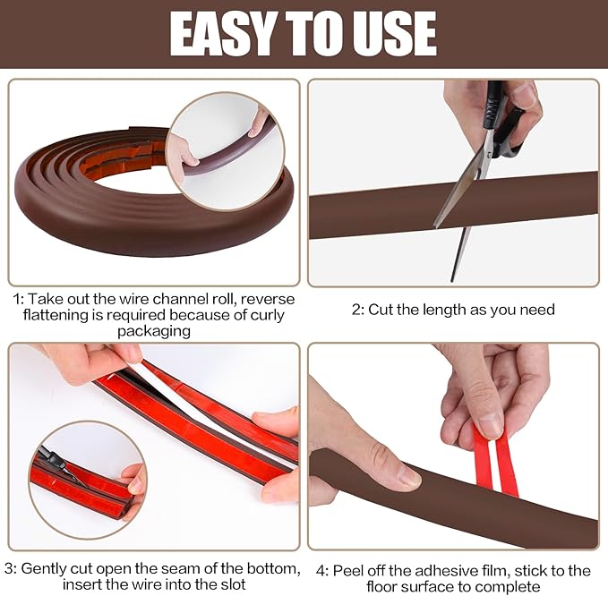 Floor Cord Cover Self Adhesive Cord Hider, 3.3FT Cable Management, Extension Strip Protector for Wires, Prevent Cable Trips for Offices, Gyms, Exhibitions Cavity: 0.47"(W) x 0.35"(H) Coffee