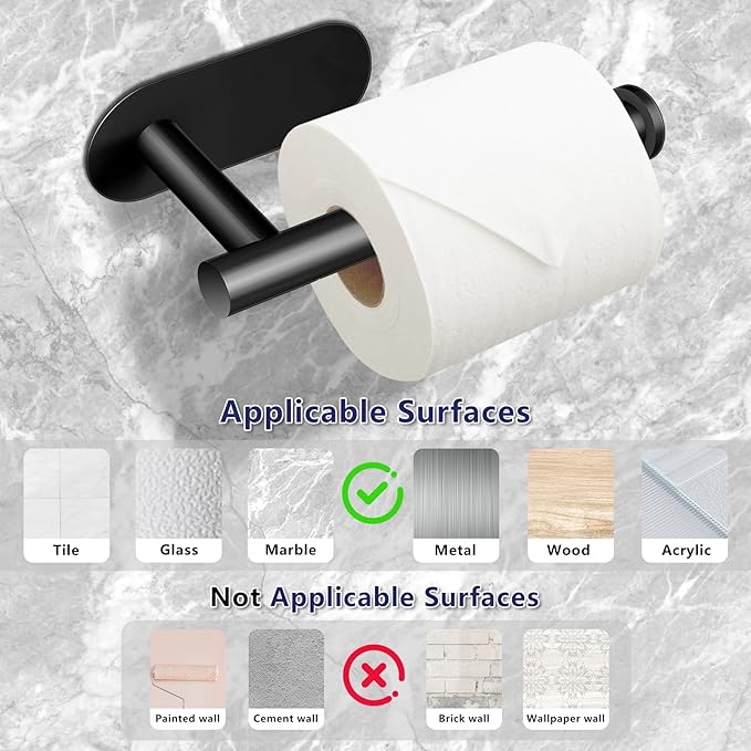 Toilet Paper Holder, Stainless Steel & No Drilling Black Toilet Paper Holder Wall Mount, Waterproof Self Adhesive Toilet Paper Holders for Bathroom, Kitchen, Washroom