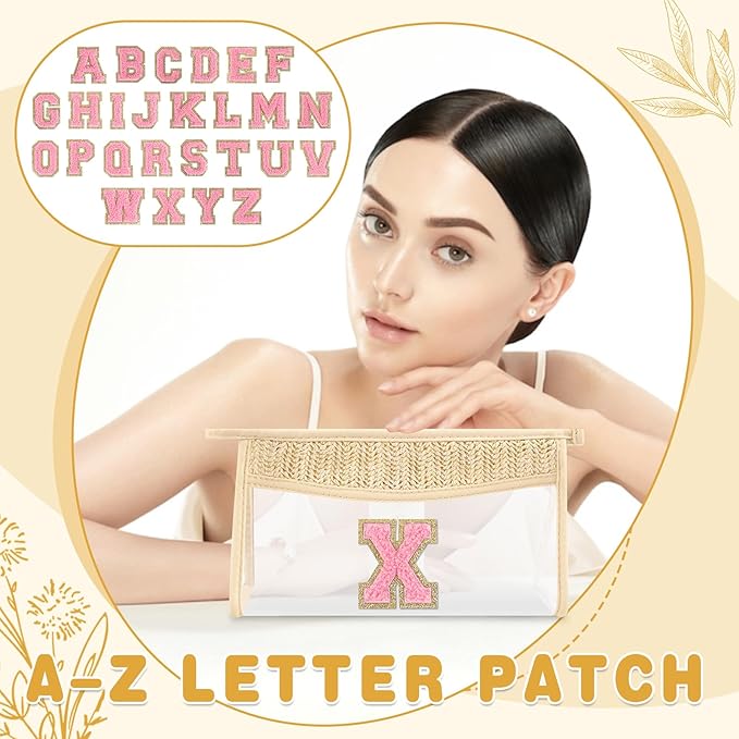 Small Boho Straw Initial Letter Makeup Bag Personalized Gift, Cute Clear Chenille Patch Makeup Bag with Zipper, Trendy TSA Approved Travel Toiletry Bag, Gift for Women Girls Birthday Friend, Letter X