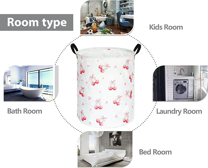 Cherry Print Round Laundry Hamper Storage Basket Bins Clothes Nursery Hamper for Home, Gift Storage Bins with Handles