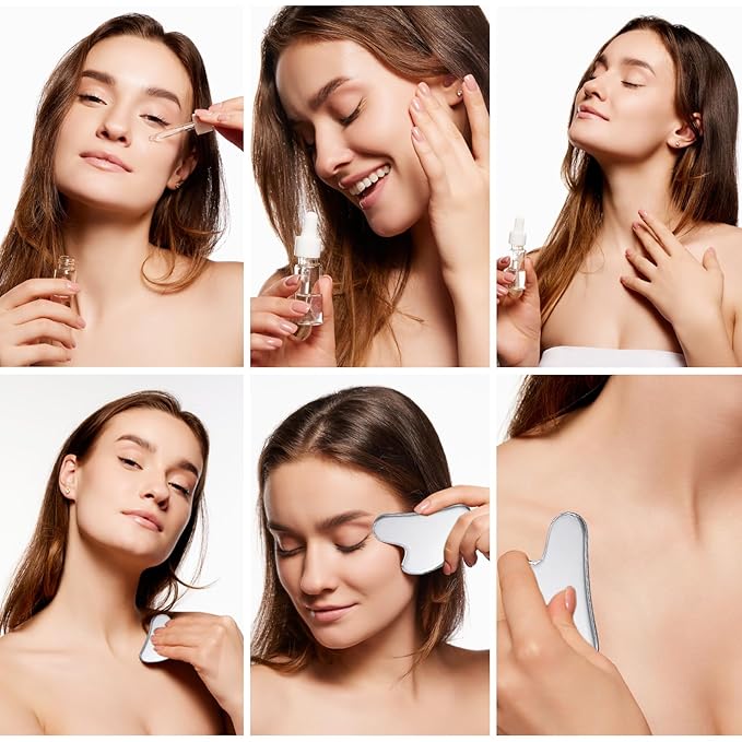 Daubigny Stainless Steel Gua Sha Facial Tools Guasha for Face Metal Gua Sha Tighten Skin Massage Guasha Beauty Tool for Body Eyes Neck Massager with Travel Pouch Skin Care Gifts (Silver)