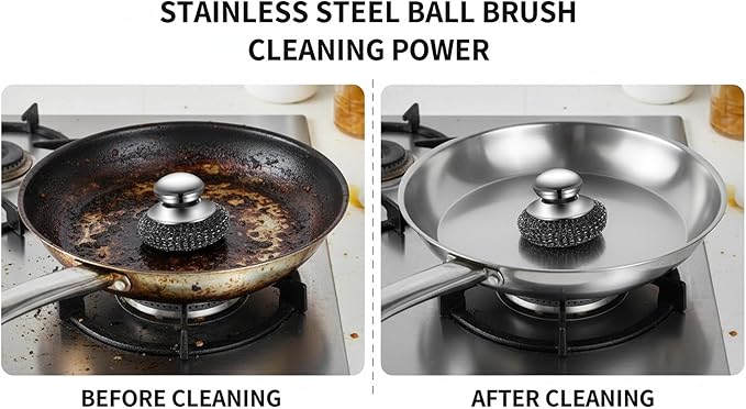Stainless Steel Scrubber, 2 Scrubber with Handled + 4 Pads Heavy Duty Metal Wire Cleaner for Kitchen Pots, Pans, Ovens & Bathroom Stains, Rust & Grease Remover