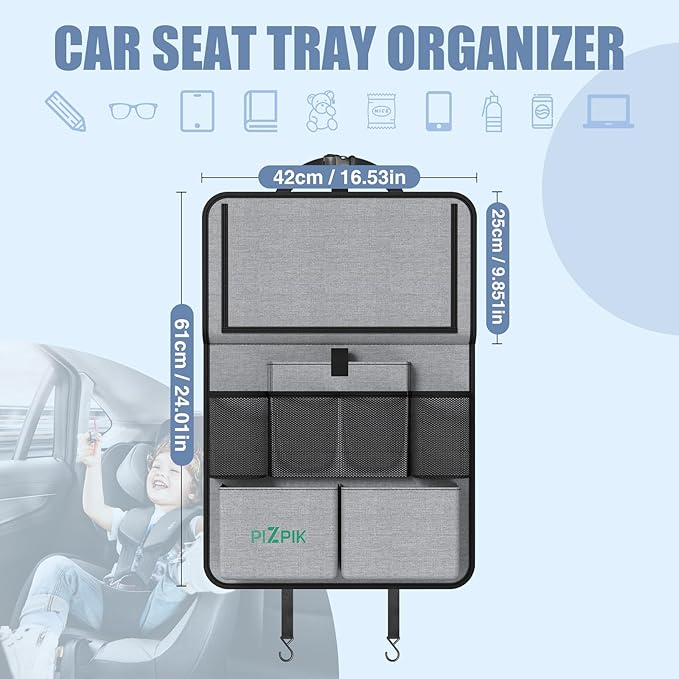 Car Backseat Organizer with Tablet Holder, 11 Storage Pockets with Foldable Food Tray, Protector Kick Mats for Kids, Travel Accessories Organizer (Gray, 2-Pack with Food Tray)