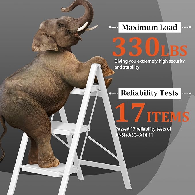 3 Step Ladder, Folding Step Stool with Anti-Slip Wide Pedal, Anti-Slip Feet, Sturdiest Steel Construction, 600lbs Capacity Steel Ladder for Home and Office, White