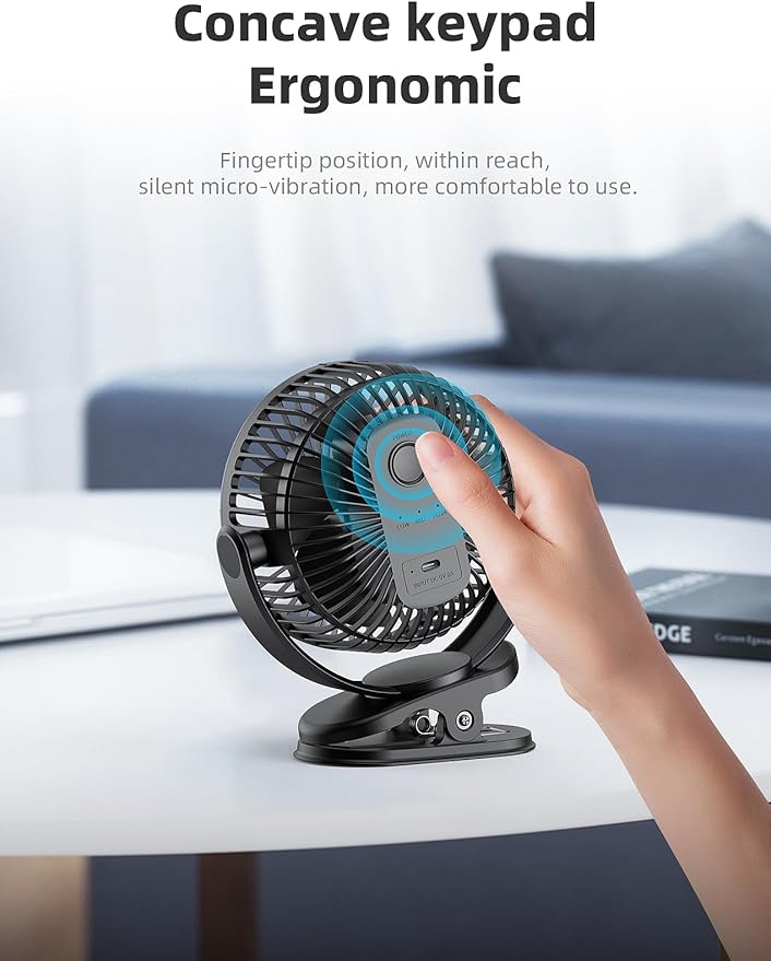 USB Portable Clip on Fan, 2400mAh Battery Type-C 6in, 3 Speed 720° Tilting Head, Black Personal Rechargeable Fan for Desk, Bedside, Golf Cart, Baby Stroller, Indoor & Outdoor Use