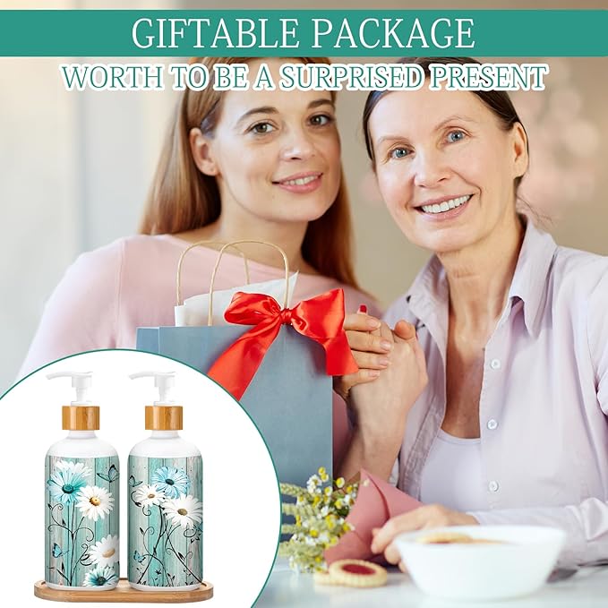 Potchen 2 Pack Glass Soap Dispenser Set Bathroom Decor Housewarming Gift Glass Soap Dispenser with Pump Wood Tray Home Decoration for Kitchen Bathroom (Teal Daisy)