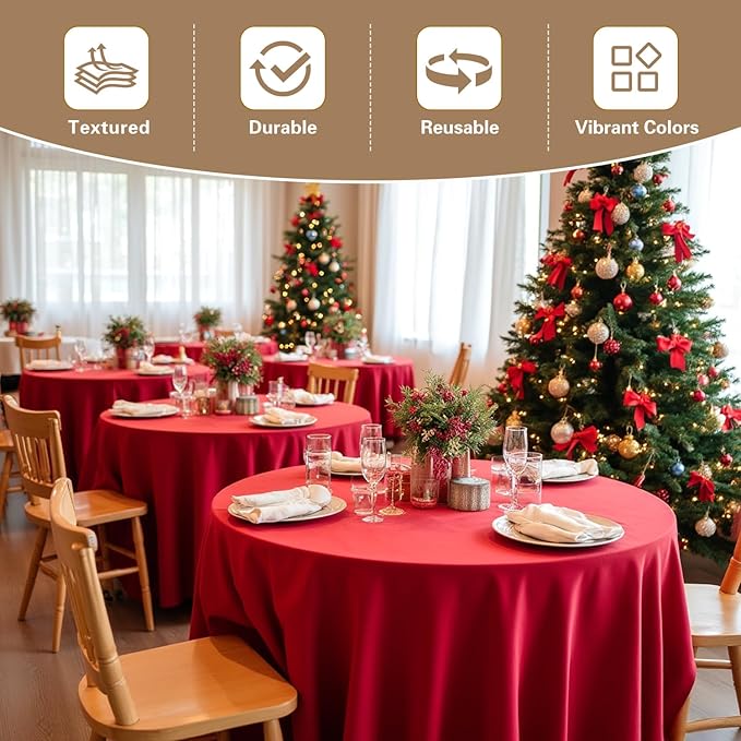 sancua Christmas Red Round Tablecloth 108 Inch Diameter, 6 Pack - Circle Polyester Fabric Table Cloth for Wedding Party Reception Banquet Birthday, Washable Formal Table Cover (Fit 42-96 Inch Tables)