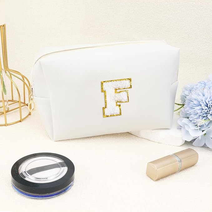 Gifts for Girls Initial Makeup Bag Personalized Cosmetic Bag with Zipper Cute Travel Toiletry Bags Waterproof PU Preppy Makeup Pouch Birthday Gift for Teen Girls Women(White F)