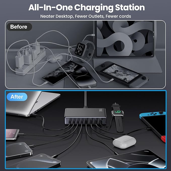 200W USB C Charger Block, GaN IV Charging Station 8 Ports, QC4.0 Fast Charging Station Hub + PD 65W USB C Laptop Charger Adapter Compatible with MacBook Air/Pro, DELL, iPhone 17/16/15, iPad, Steam Deck - Black