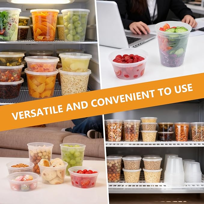 NESCCI 72 Sets (144-Piece) Deli Containers with Lids, 32/16/8 oz X 24 Set Each, Leak-Proof & BPA Free Airtight Takeout Plastic Food Storage Containers for Soup, Meal Prep,Microwave/Freezer Safe
