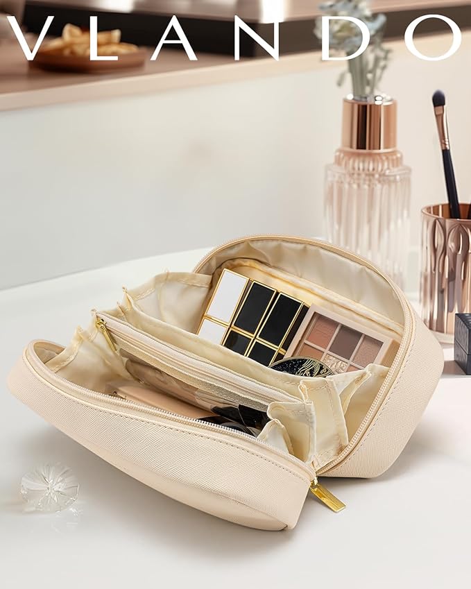 Vlando Small Makeup Bag,Makeup Pouch,Travel Makeup Organizer Bag Valentines Gifts for Women Purse Travel Accessories Toiletry Bag Skincare Bag-White