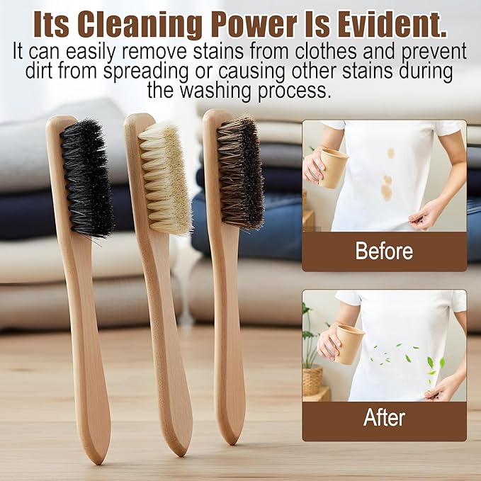 3 Pcs Laundry Stain Brush, Wood Laundry Stain Brush with Boar Bristle for Scrubbing Stains from Cloth Fabric Leather and Household