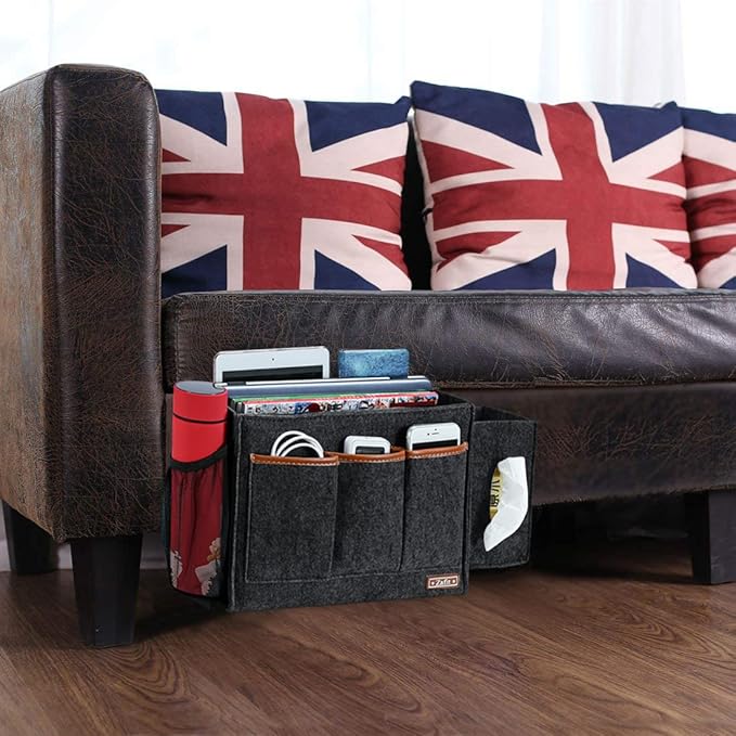 Bedside Caddy, Large Size Storage Organizer - Bedside Organizer for Magazine, Remotes, Phone (13.4'' x 18.1'' Tissue Box Holder, Dark Grey)