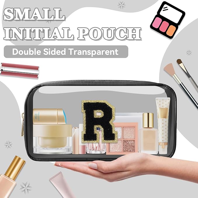 Small Clear Personalized Initial Makeup Bag,Nylon Preppy A-Z Chenille Letter Patch Cosmetic Pouch Beach Toiletry Bag,Waterproof Zipper Travel Purse Storage Bag Organizer for Women Girls(Black-Black R)