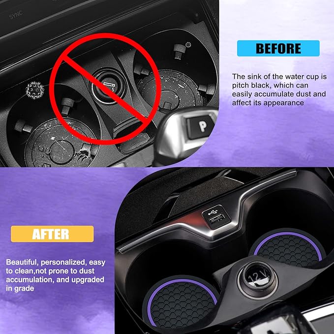 4PCS Car Cup Holder Coasters, 2.75 Inch Non-Slip Insert Cup Holder Pad, Dustproof Automotive Interior Accessories Mat, Universal for Trucks, Vehicles, RVs and More (Black/Purple)