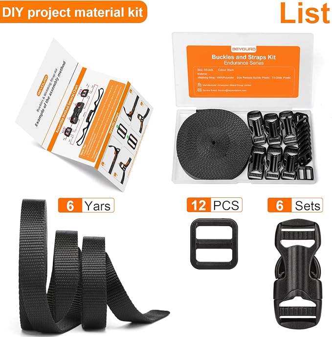 5/8" Buckle and Strap Set: 6 Yards of Thick Nylon Webbing, 6 Pack Quick Side Release Adjustable Plastic Buckles, 12 Tri-Glide Slide Clips, Black (5/8 Inch Combo Set)