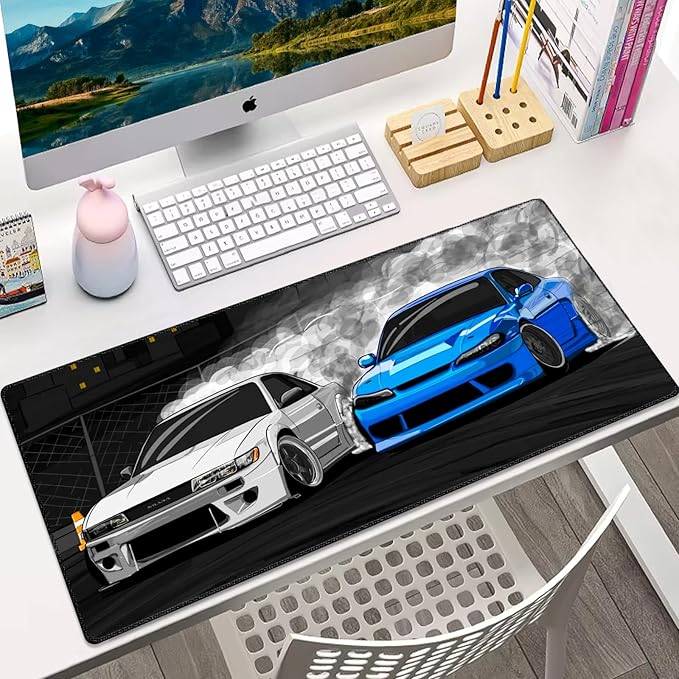 White Blue Cars Desk Pad, Stitched Edges Mouse Pad, Large Office Desk Mat, Non-Slip Gaming Mouse Pad, Laptop Desk Pad, Desk Writing Pad for Office and Home