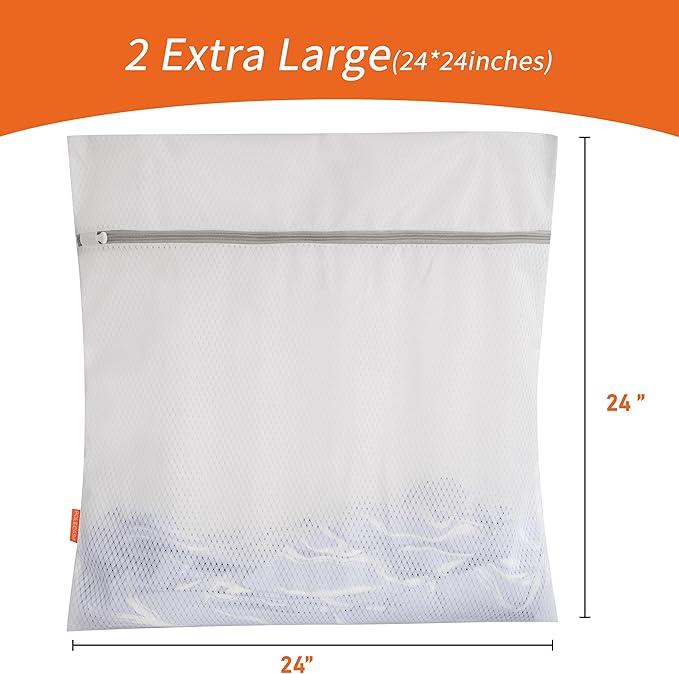 Polecasa 2Pcs 24 x 24 Inches Extra Durable 125g Diamond Mesh Laundry Bags with Sturdy Zipper for Delicates, Laundry Room Essentials for College, Dorm (2 XL-Large)