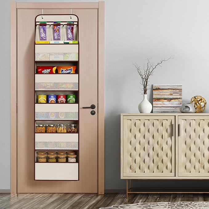 Univivi 6-Shelf Over Door Hanging Organizer Fabric Baby Door Storage with 5 Large Pockets and 3 Small PVC Pockets Wall Mount Hanging Storage Organizers for Baby Essential (Beige)
