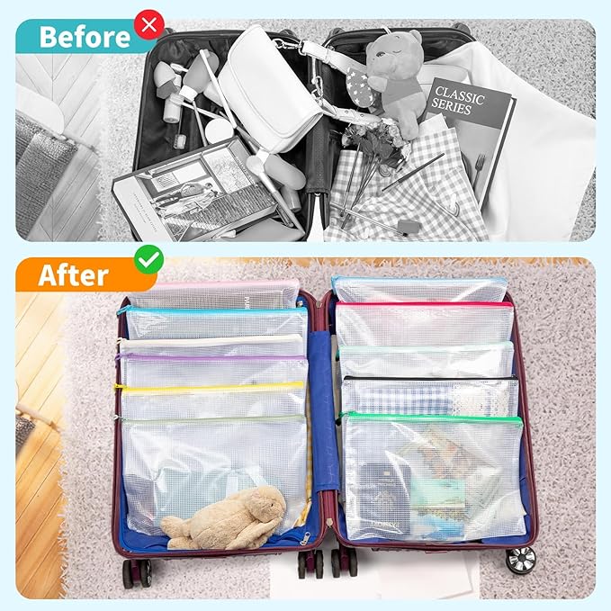 Umriox A4-48P 48pcs Mesh Zipper Pouch Bags, 16 Color, Clear Zipper Pouches for Organizing, Office, Home, Travel