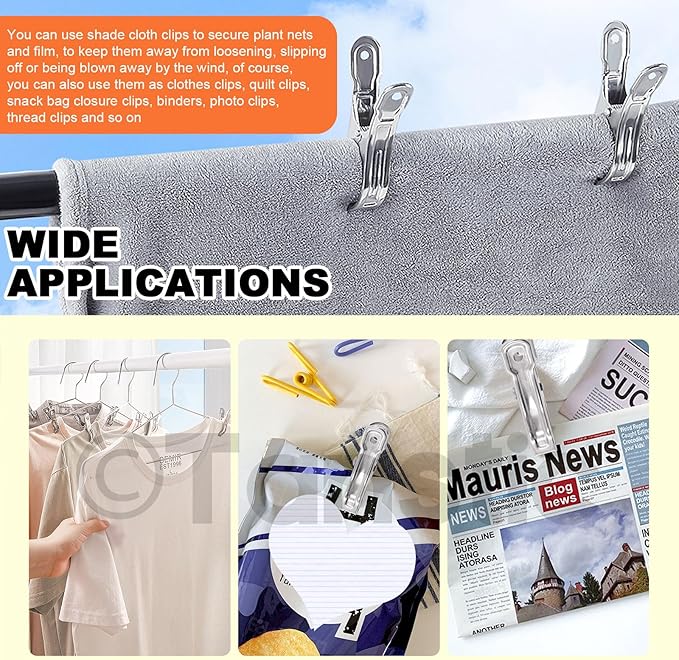 Tanstic 10pcs 6.3 Inch Stainless Steel Greenhouse Clamps Heavy Duty Garden Clips with Strong Grip and Large Open Mouth for Netting Holding