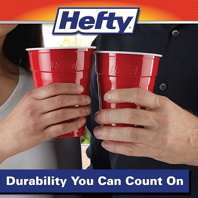 Hefty Party On Disposable Plastic Party Cups, 50 Count, 18 Oz Red Cups for Parties, Tailgates, Birthdays, Holidays, and More, Contoured Shape for Easy Gripping, Strong and Durable