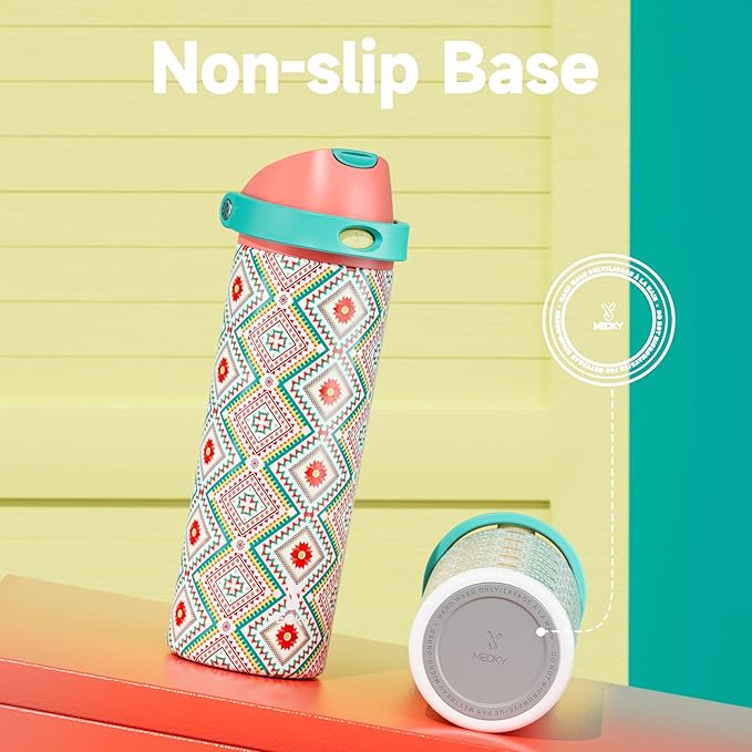 24 oz Insulated Water Bottle with Straw: Meoky Stainless Steel Metal Water Bottle with 2-in-1 Lid - Leak Proof, Cold for 24 Hours, Fits in Car Cup Holder, BPA-Free for Travel Sports Gym, Prism Folk