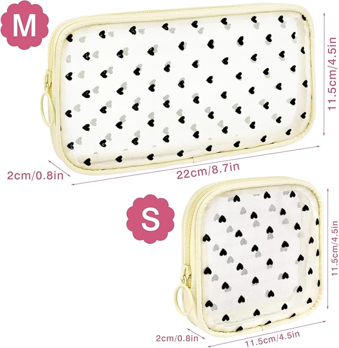 4 Pieces Mini Zipper Nylon Mesh Pouch, Mesh Cosmetic Bags Makeup Bags, Multipurpose Travel Toiletry Bags for Office Supplies and Travel Accessories (Heart Print-Pink, M)