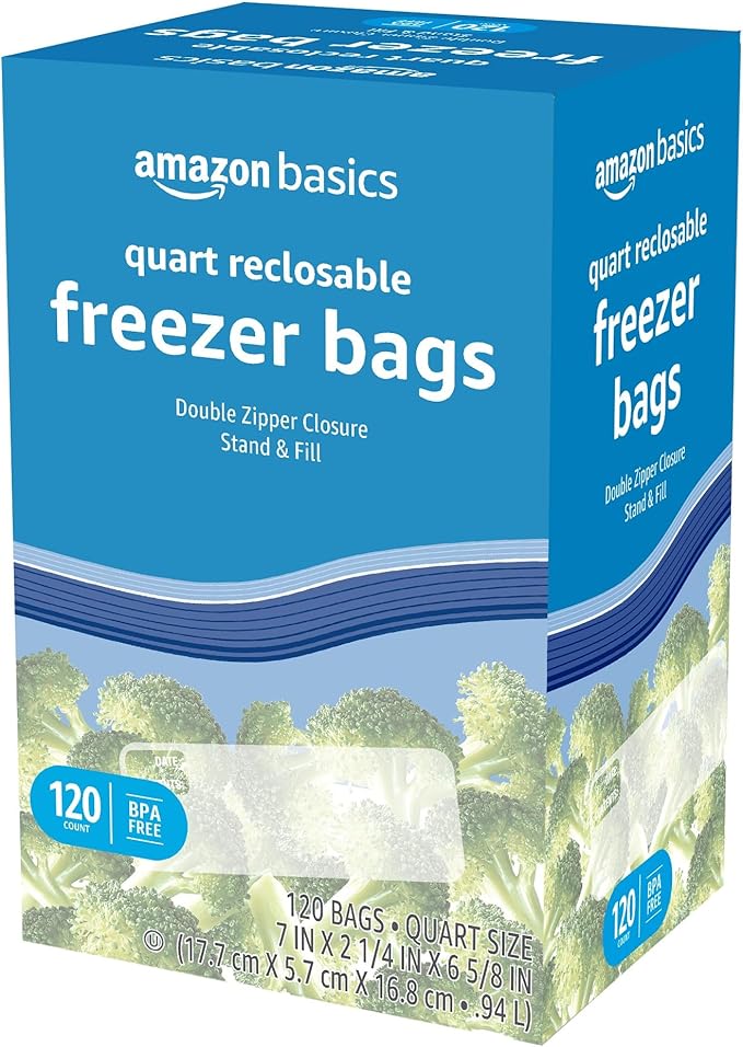 Amazon Basics Reclosable Freezer Quart Food Storage Bags with Zipper Seal, BPA Free, Stand and Fill, Airtight, 120 Count (Previously Solimo)