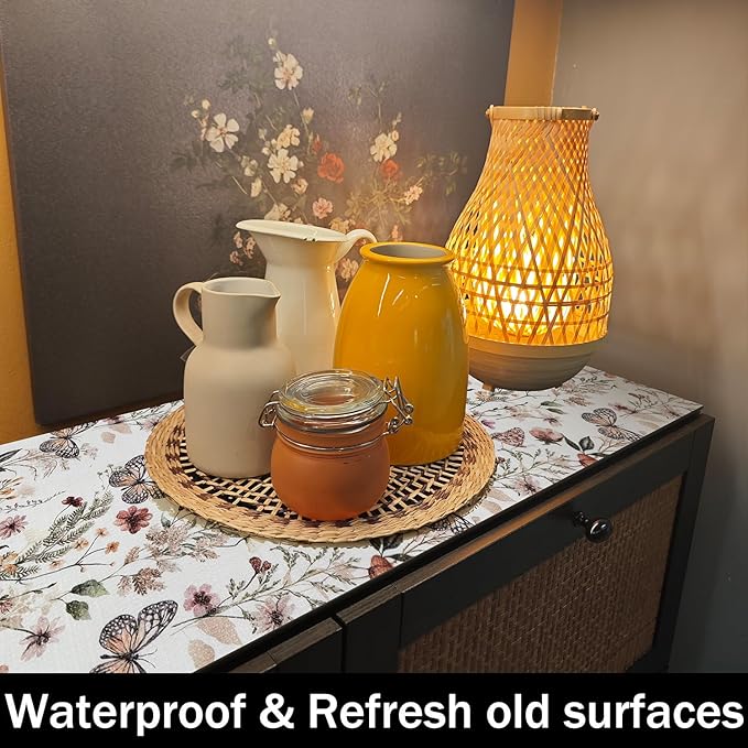 Floral Shelf Liners Non Adhesive 12IN x 20FT and Strong Non-Slip Shelf and Drawer Liners for Kitchen Cabinet Wire Fridge, Waterproof Shelf Drawer Liner,Easy to Clean,Butterfly