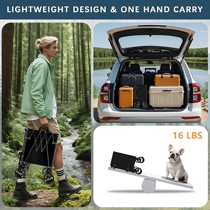 Favoyard Collapsible Wagon Carts Foldable 150L & 360LBS Folding Wagons w/All-Terrain Wheels & Brakes Portable Lightweight Utility Shopping Cart for Beach Grocery Sports Garden Camping Outdoor, Black